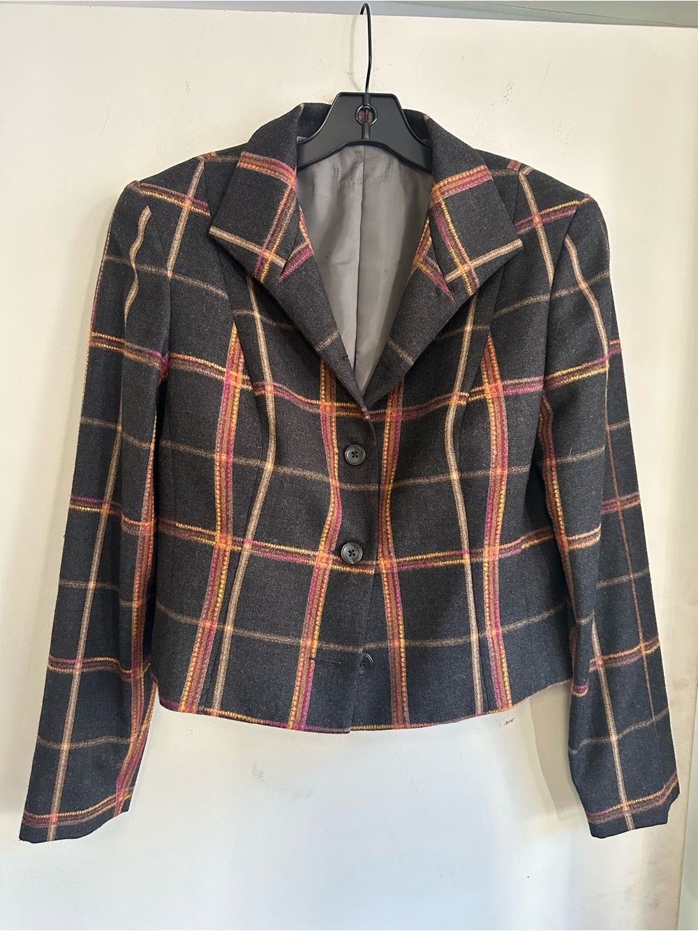 Tailored Black Plaid Cropped Blazer with Pink & Tan Windowpane